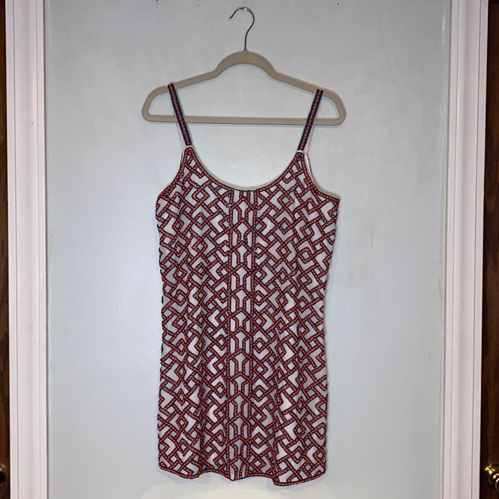 Parker Marley Silk Beaded Mini Dress Orange/Blue/Silver Geometric Design-Size M
